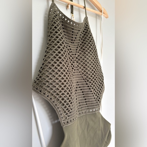 Aerie‎ Size Medium Swimsuit One Piece Crochet Top Halter Open Sides Olive Green - Picture 8 of 13